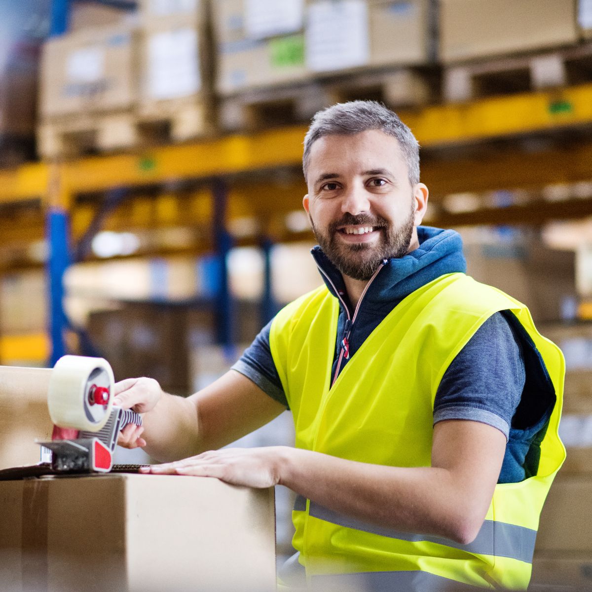 Mitarbeiter im Lager beim Pakete packen